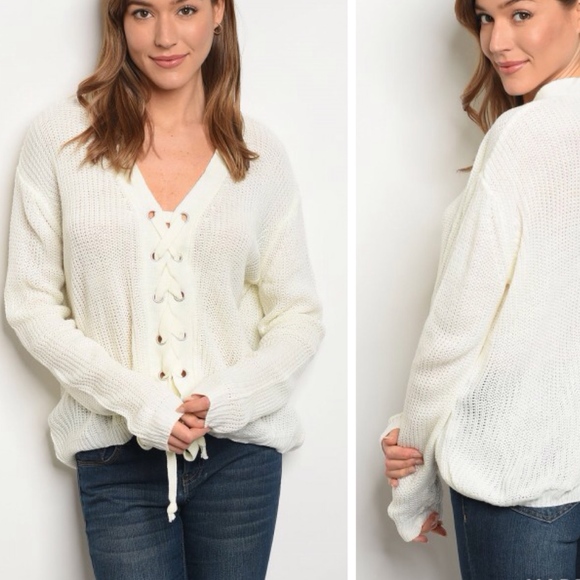 LAST 1! Ivory light weight knit lace up sweater - Picture 3 of 4